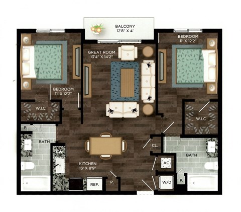 A floor plan of a balcony apartment with a great room, two bedrooms, a kitchen, a bath, and a reference area.